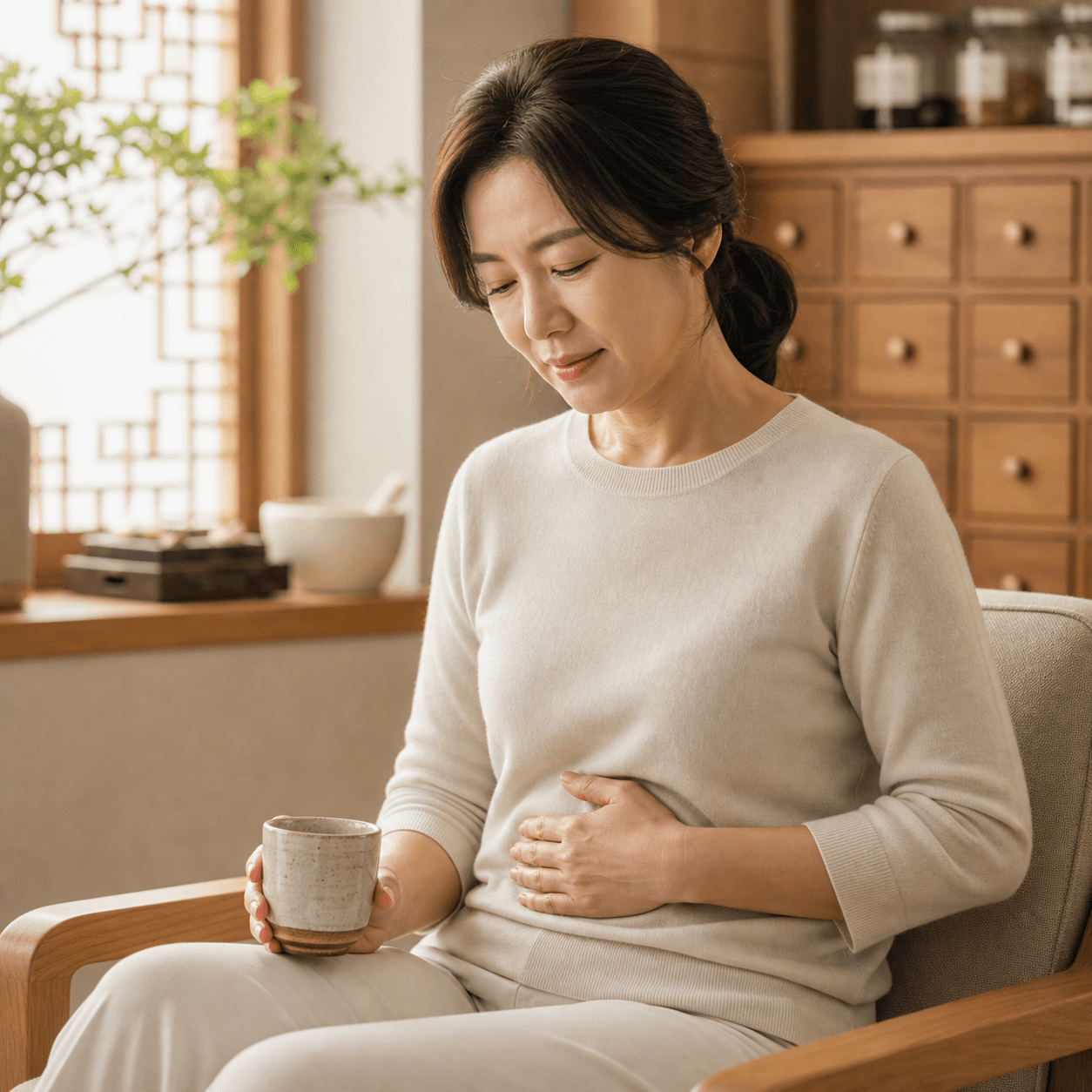 만성 위염으로 속쓰림과 위통을 느끼는 환자의 한방 진료 이미지
