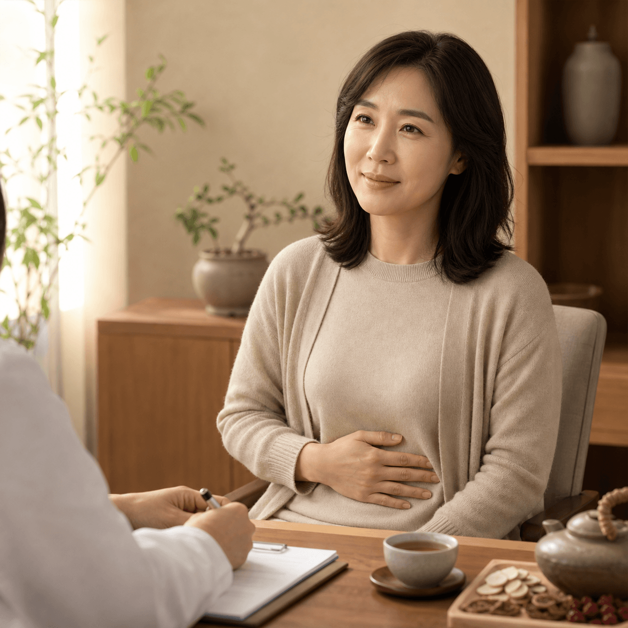 기능성 소화불량으로 명치 답답함을 느끼는 환자의 소화기 한방 진료 이미지
