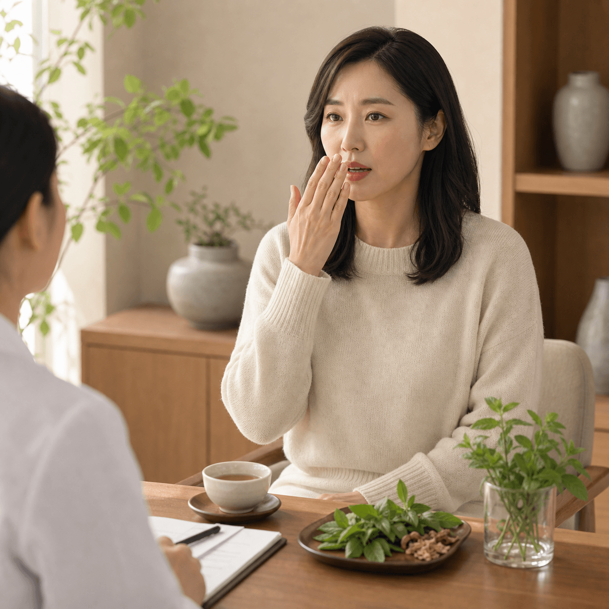 구취와 입냄새로 상담받는 환자의 소화기 한방 진료 이미지