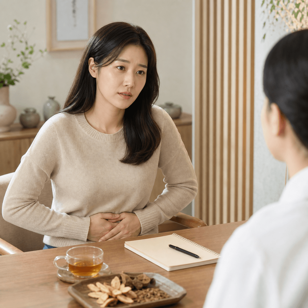 과민성 대장증후군으로 아랫배 불편감을 느끼는 환자의 한방 진료 이미지