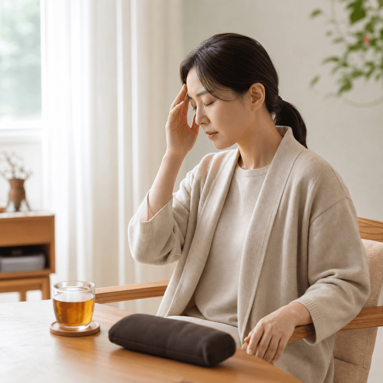 어지럼증으로 안정된 자세를 취한 환자의 한방 진료 이미지