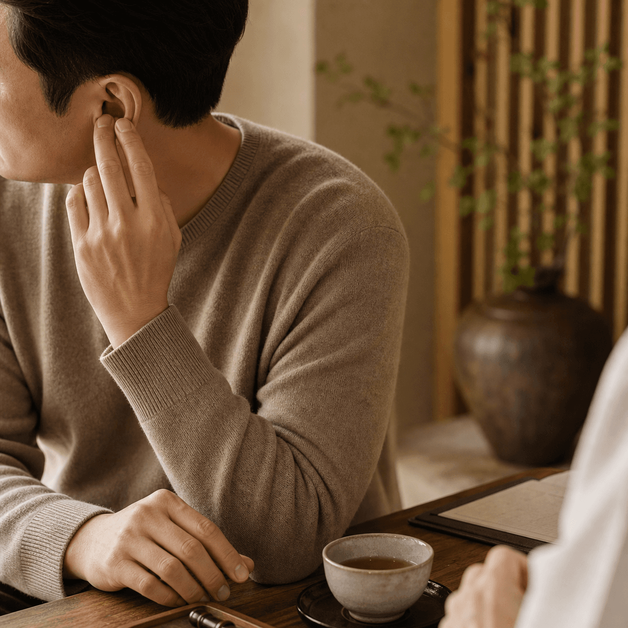 이명으로 귀 근처를 짚은 환자의 한방 진료 이미지