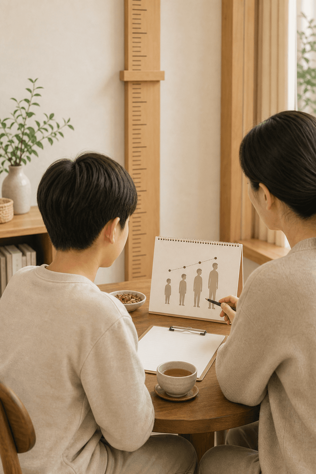성장 차트가 보이는 진료실에서 보호자와 아이가 상담하는 사춘기 관리 이미지