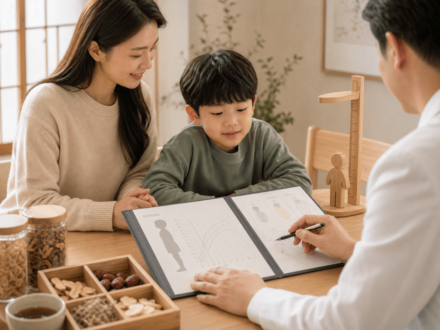 소아 성장 클리닉 상담을 받는 아이와 보호자
