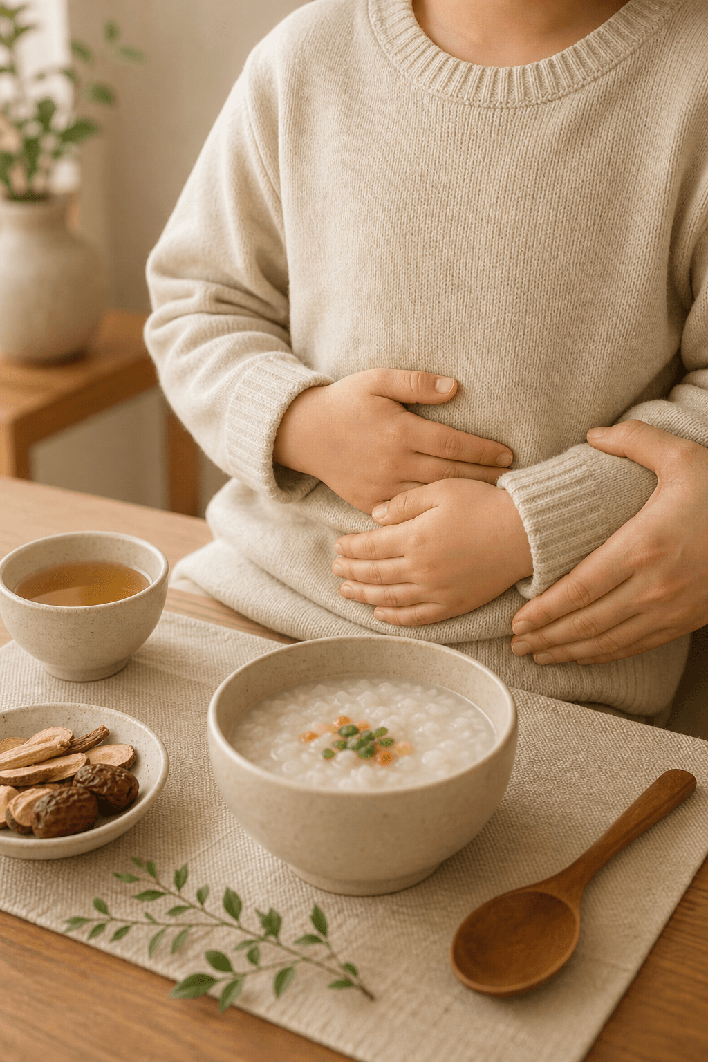 아이 손이 배 위에 놓이고 따뜻한 죽과 차가 보이는 소아 소화불량 이미지