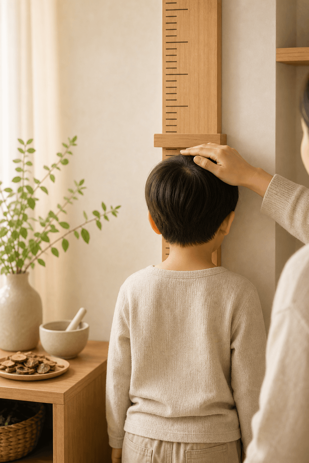 따뜻한 진료실에서 아이 키를 재는 성장 한방 진료 이미지